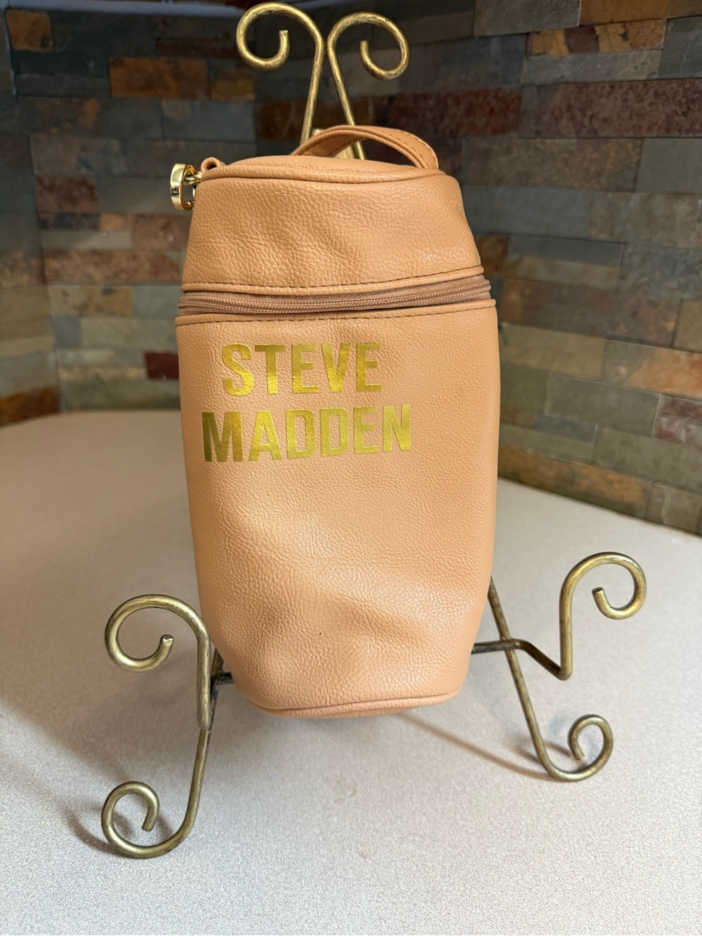 Steve Madden Faux Leather Cylinder Cosmetic Bag Pouch Peach Gold